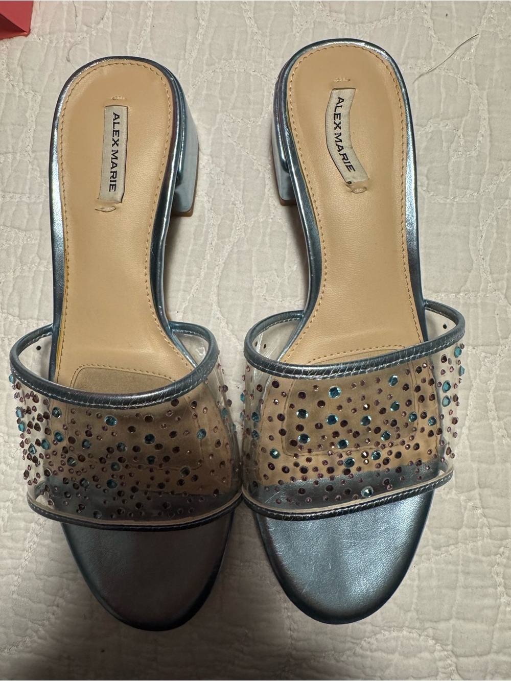 Alex Marie Metallic Silver Slide Sandals with Crystal-Clear Embellished Strap